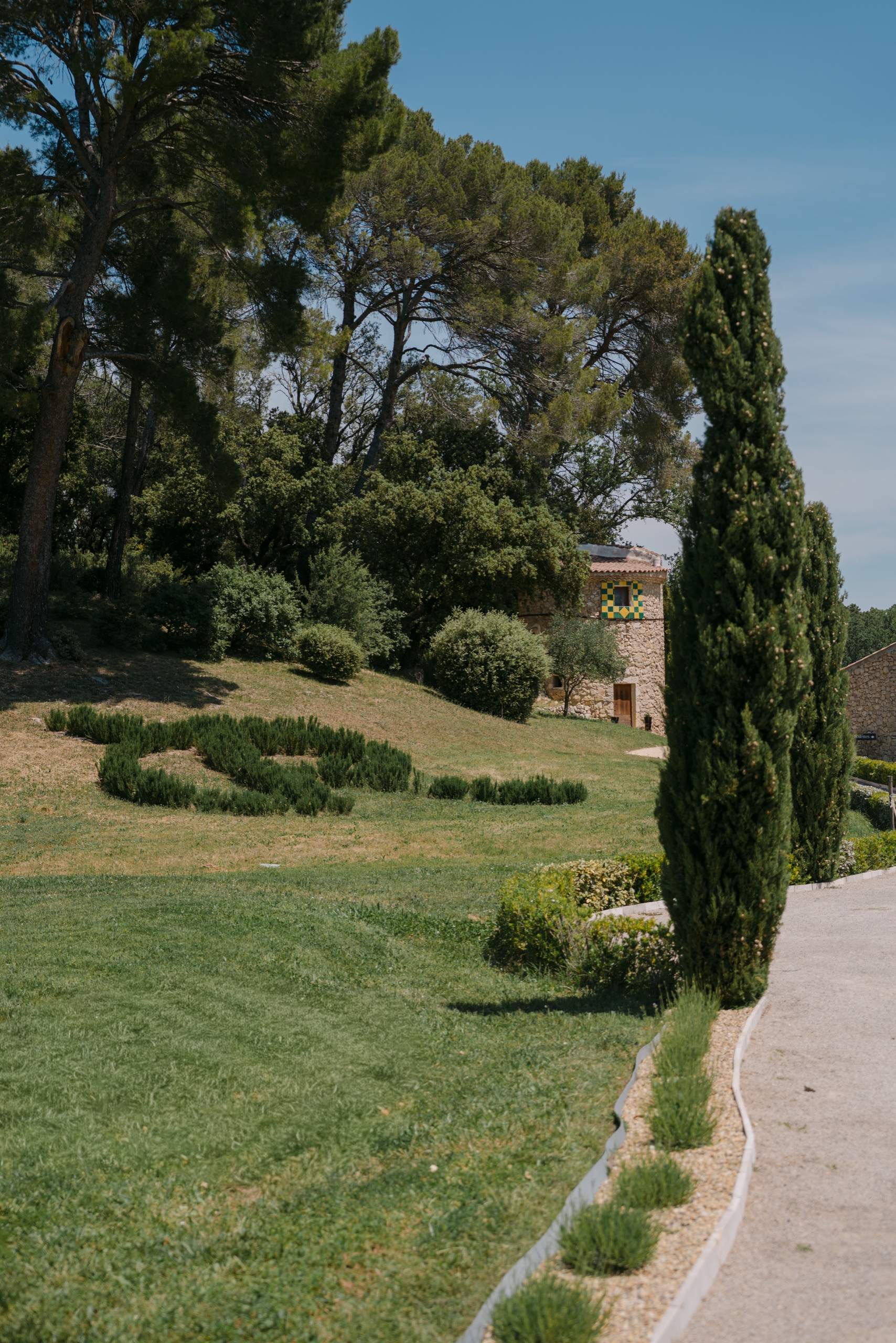 Jardin provençal en terrasses, un cyprès et des pins au-dessus d'une allée