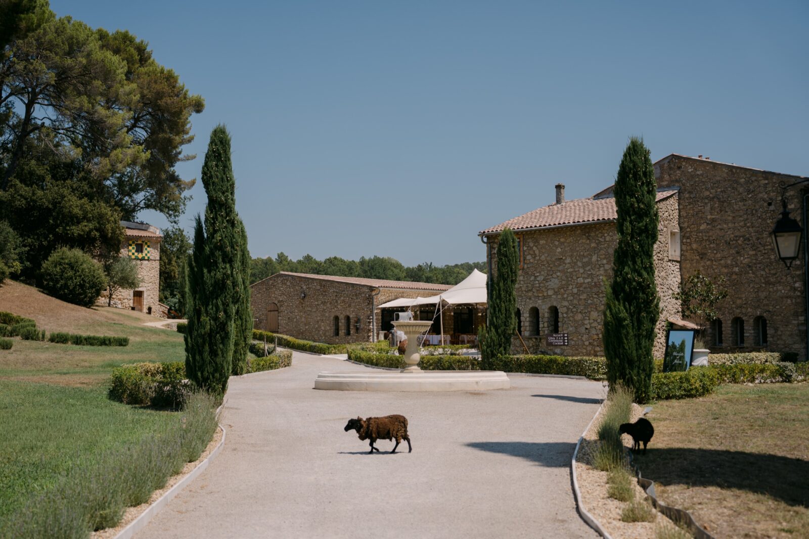 Photographe mariage Vidauban 2 Bâtisse en pierre au bout d'une allée, cyprès et collines boisées, sous le ciel bleu